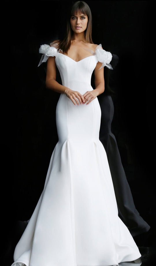 Jovani - 63187 Rosette Accent Off Shoulder Scuba Mermaid Gown In Blue