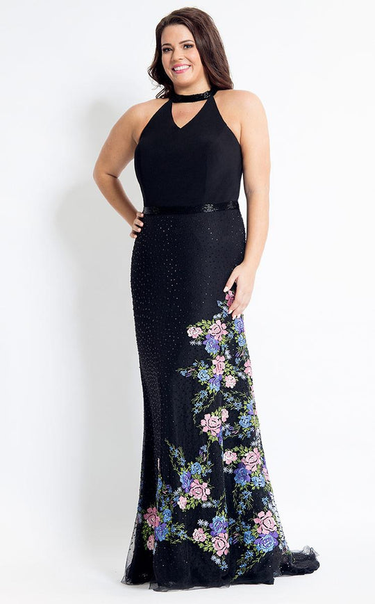 Rachel Allan Curves - 6318 Choker Neck Beaded Mermaid Gown in Black