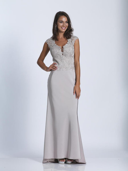 Dave & Johnny - A6319 Laced Cap Sleeve Fitted Gown  in Silver