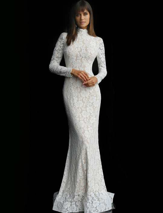 Jovani - Long Sleeve High Neck Trumpet Dress 63209 In White and Nude