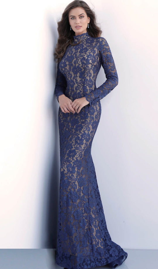 Jovani - 63209 Lace Long Sleeve High Neck Trumpet Dress In Blue