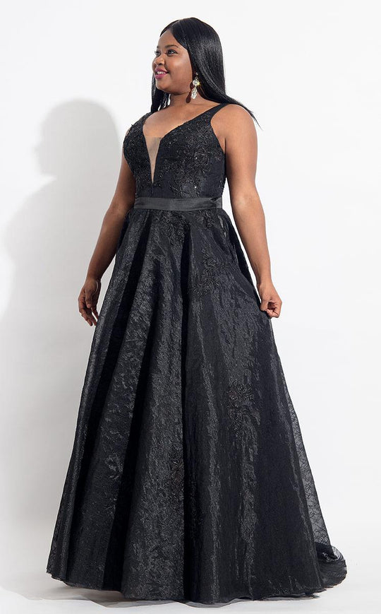 Rachel Allan Curves - 6320 Plunging V-neck Lace Ballgown in Black