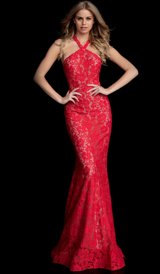 Jovani - 63214 Embellished Lace Halter Trumpet Dress in Red