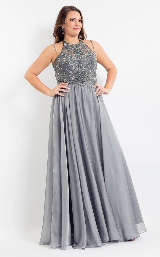 Rachel Allan Curves - 6321 Embellished Sheer Halter Chiffon Dress in Gray
