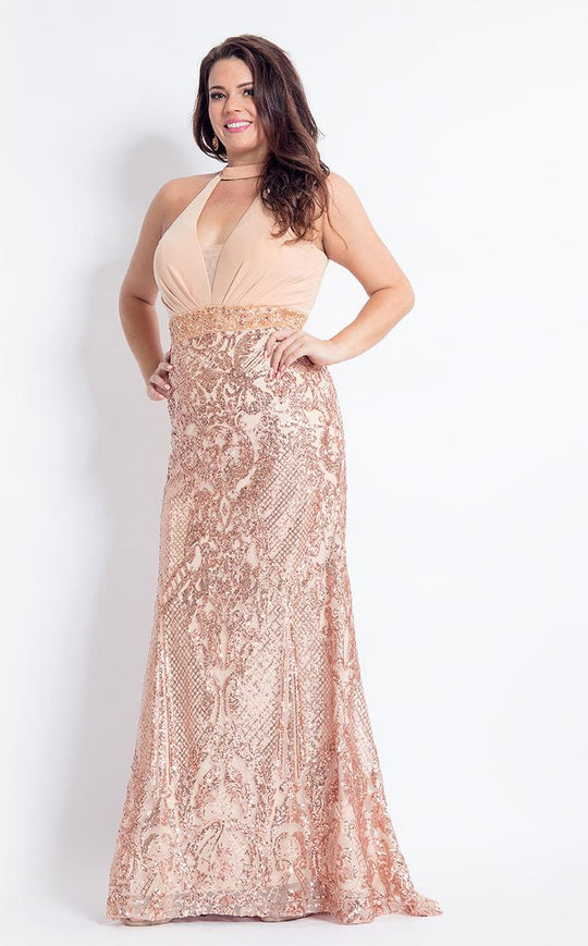 Rachel Allan Curves - 6322 Sleeveless Sequined Fitted Gown in Neutral