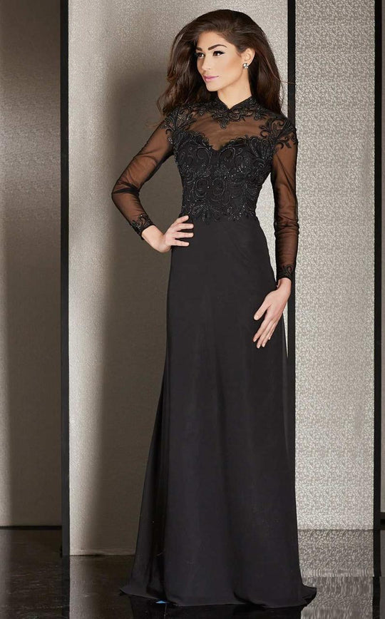 Clarisse - Embroidered Illusion Long Sleeve Gown M6212 in Black