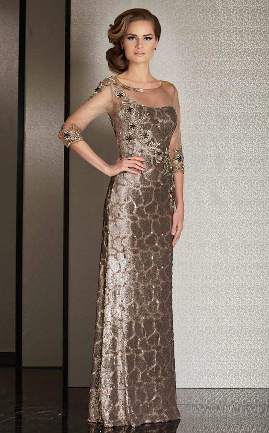 Clarisse - Gleaming Sequined Illusion Evening Gown M6219 in Bronze