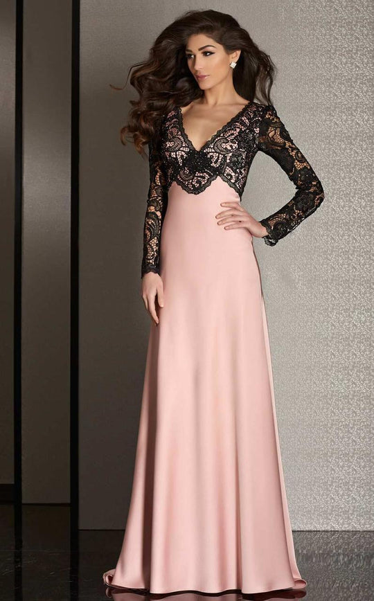 Clarisse - M6222 Lace Sleeved V-neck Dress in Pink and Black