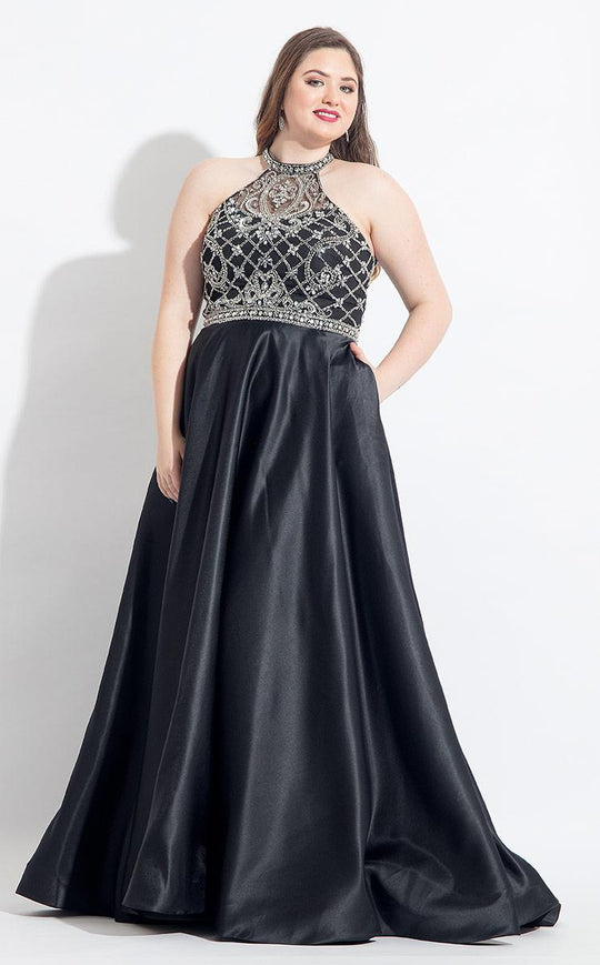 Rachel Allan Curves - 6325 Silver Beaded Sheer High Halter Dress in Black