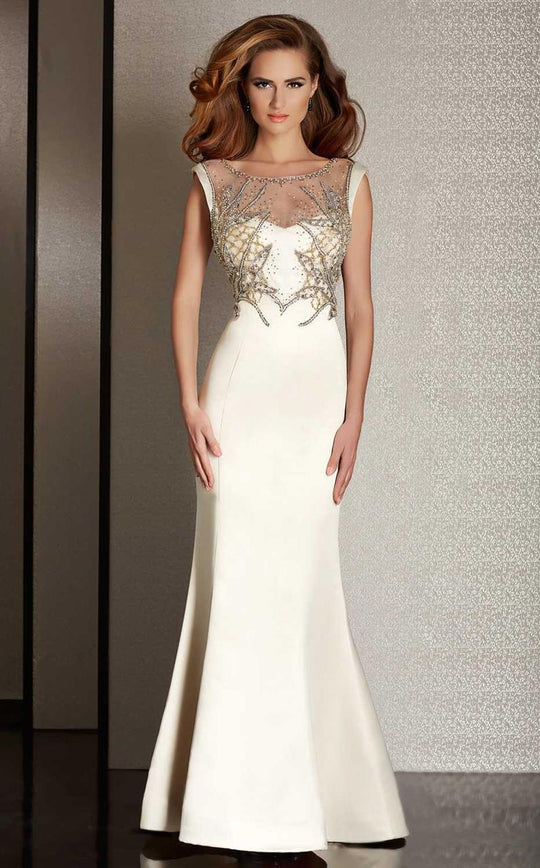 Clarisse - Ornate Bateau Illusion Trumpet Gown in White