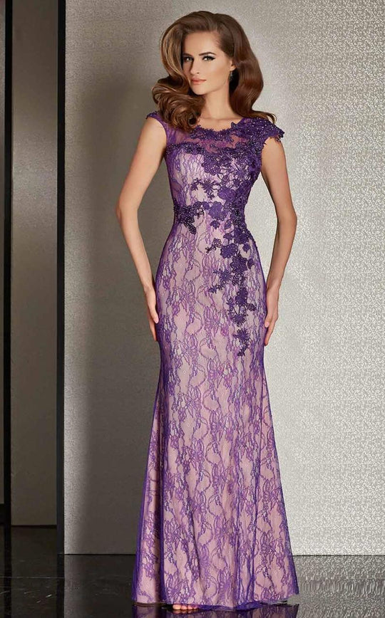 Clarisse - M6236 Sheer Lace Applique Evening Gown in Purple and Neutral