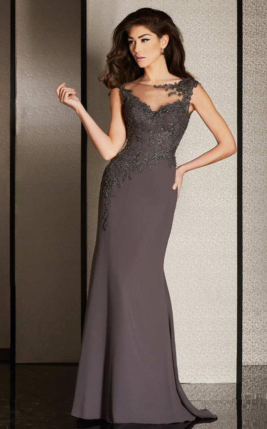 Clarisse - Lace Appliqued Illusion Sheath Gown in Brown and Gray