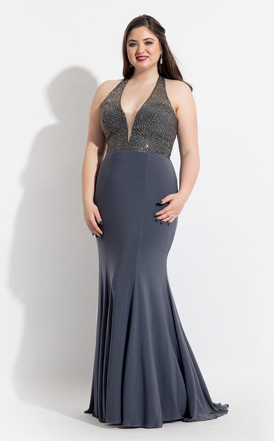 Rachel Allan Curves - 6326 Beaded Jersey Sheath Dress in Gray