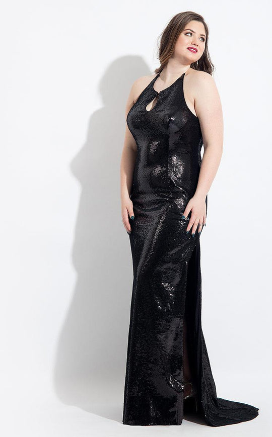 Rachel Allan Curves - 6328 Haltered Sequined Fitted Gown in Black