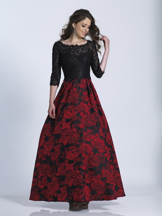Dave & Johnny - A6329 Quarter-Length Sleeves Floral Print Gown in Black and Red