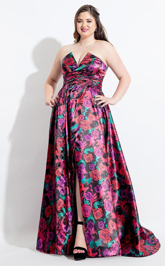 Rachel Allan Curves - 6331 Floral Printed Strapless Gown in Black and Multi-Color
