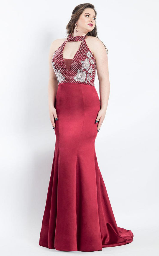 Rachel Allan Curves - 6332 Embroidered Floral Halter Mermaid Gown in Red