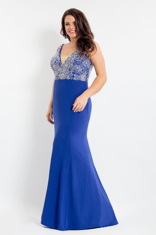 Rachel Allan Curves - 6333 Floral Beaded V-Neck Gown in Blue