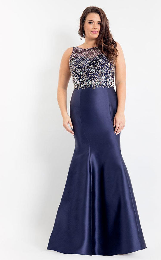 Rachel Allan Curves - 6334 Beaded Scoop Mermaid Gown in Blue