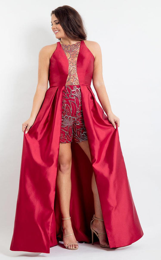 Rachel Allan Curves - 6336 Beaded Romper with Overskirt in Red