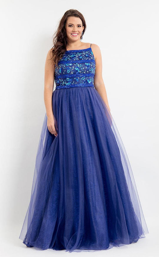 Rachel Allan Curves - 6337 Floral Beaded Tulle Gown in Blue