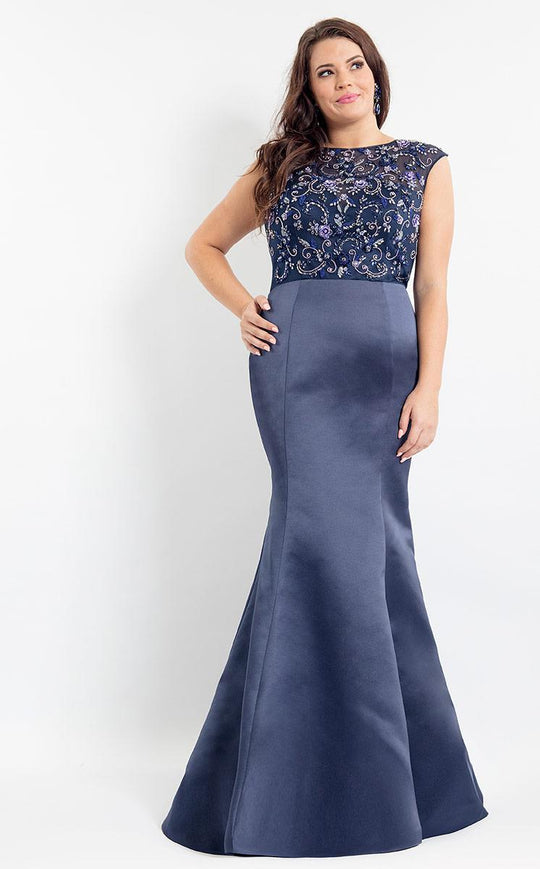 Rachel Allan Curves - 6338 Cap Sleeves Satin Mermaid Gown in Blue