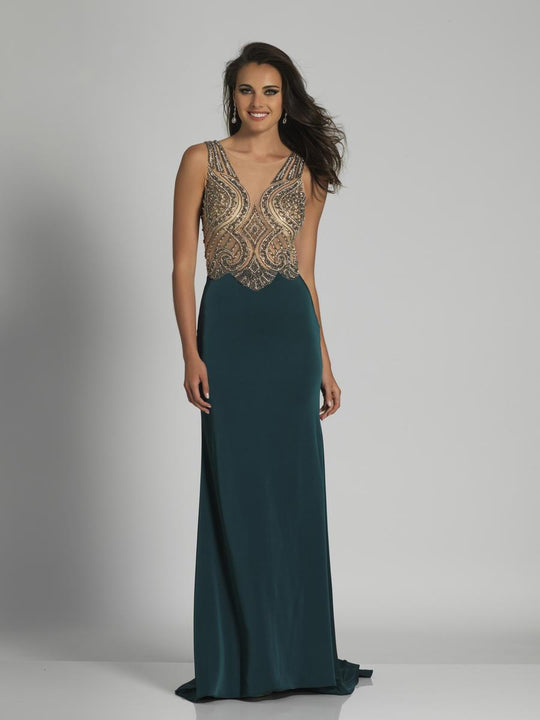 Dave & Johnny - A6338 Sleeveless Embellished Sheath Gown in Green