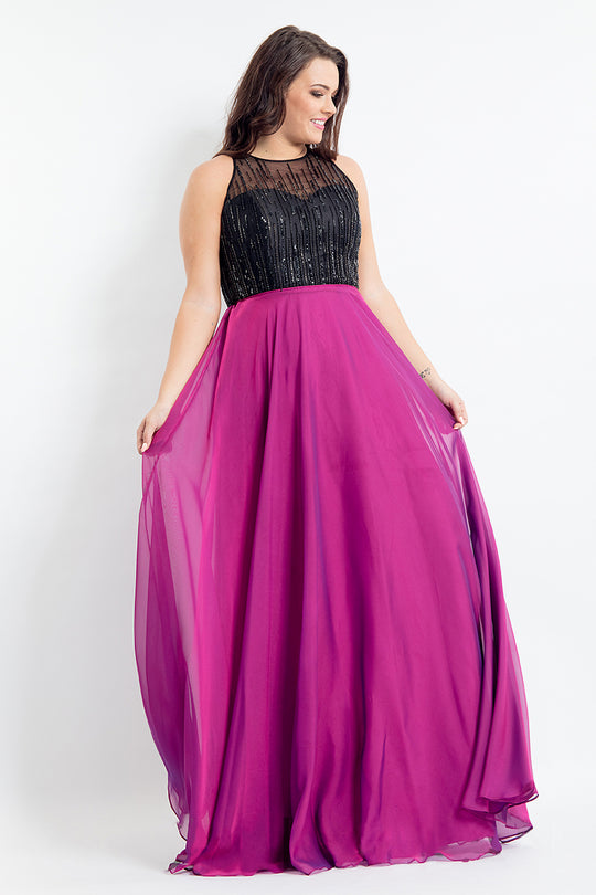 Rachel Allan Curves - 6340 String Beaded Chiffon Dress in Black and Purple