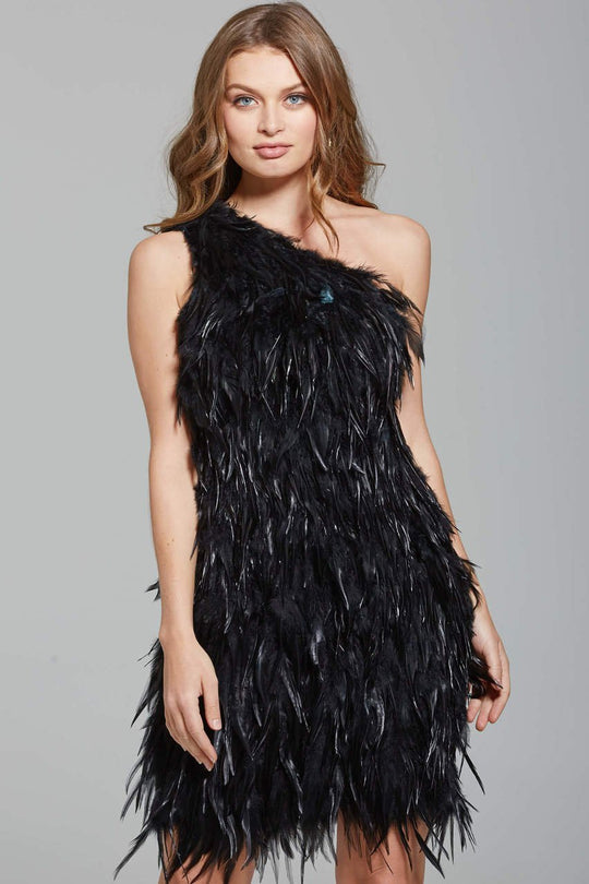 63421 Asymmetric Neckline Feathery Cocktail Dress