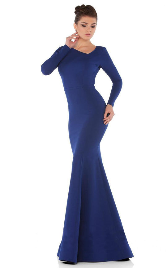 MNM Couture - N0009 Long-Sleeved Plunging Back Evening Gown in Blue