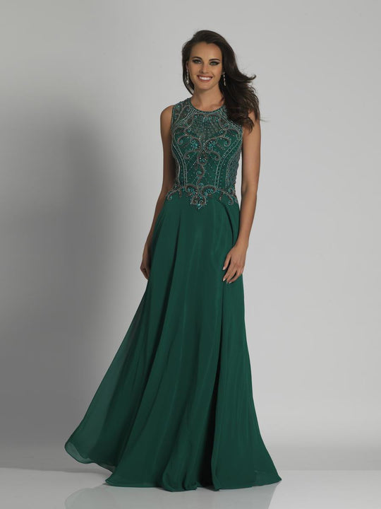 Dave & Johnny - A6347W Stone Embellished Illusion Jewel A-line Dress in Green