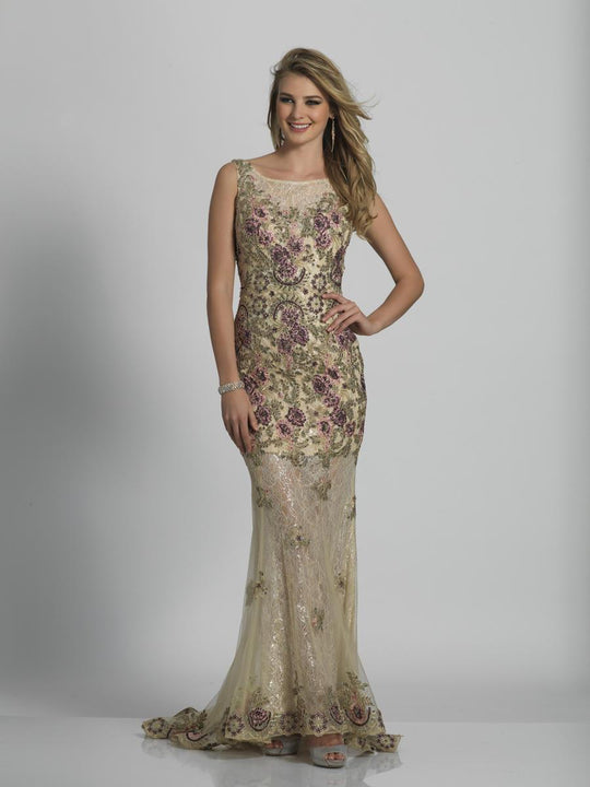 Dave & Johnny - A6348 Bateau Neck Embellished Sheath Gown in Neutral
