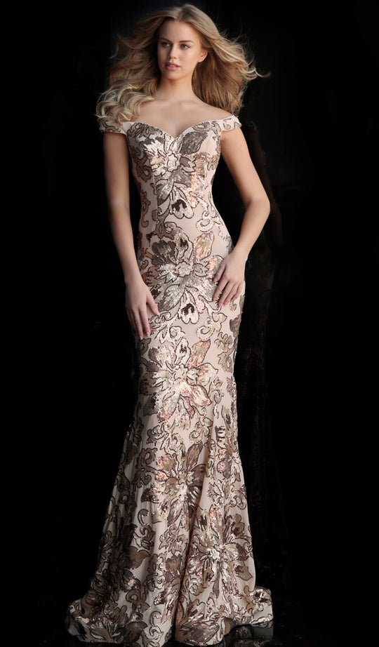 Jovani - 63516 Sequined Off Shoulder Floral Mermaid Gown in Gold