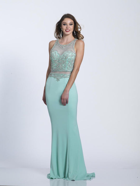 Dave & Johnny - A6352 Scoop Neck Sheer Beaded Fitted Gown in Blue