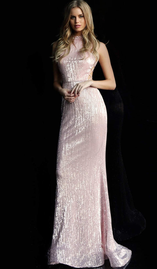Jovani - 63552 Allover Sequin Lace Up Side Sheath Prom Dress in Pink