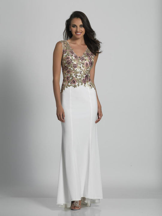Dave & Johnny - A6355 V-Neck Beaded Appliqued Fitted Gown in White