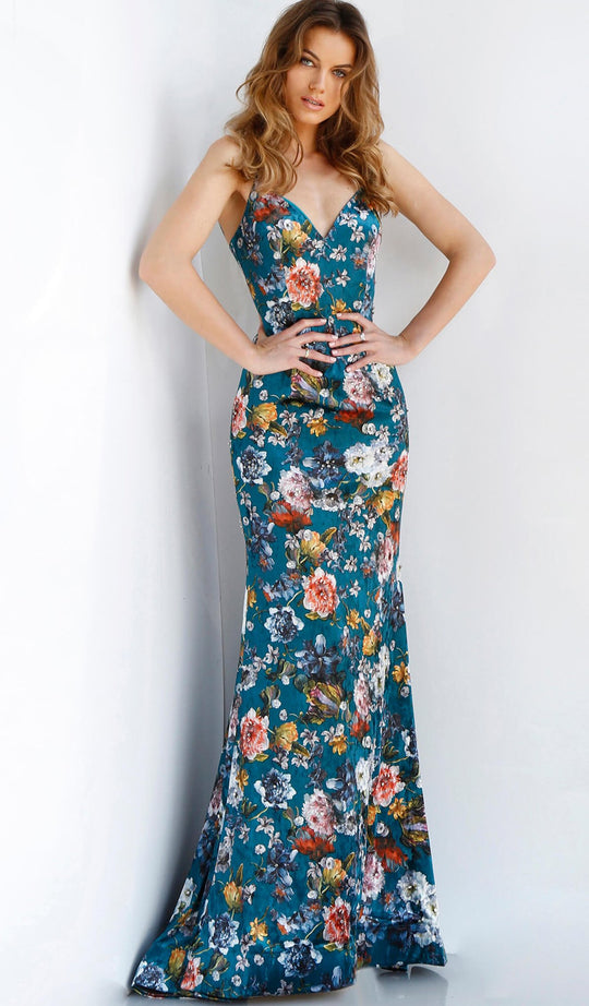Jovani - 63576 Floral Print Plunging V-neck Trumpet Dress In Green and Multi-Color
