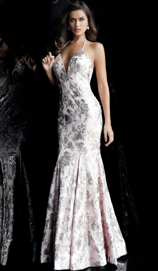 Jovani - 63583 Metallic Floral Sequined Trumpet Gown in Pink