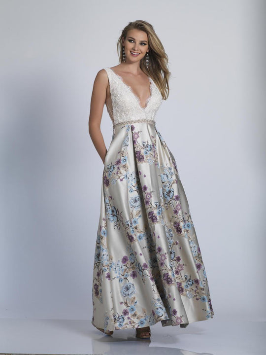 Dave & Johnny - A6362 Lacy Deep V-Neck Floral Print Gown in Print