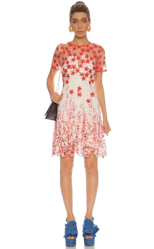 Elie Tahari - E40A9607 Floral Embroidered Illusion Jewel A-line Dress In Red