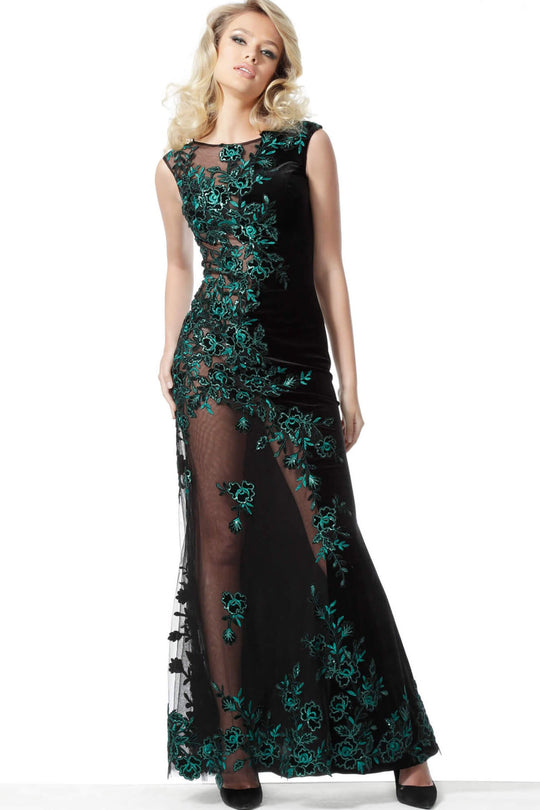 Jovani - 63645 Embroidered Bateau Sheath Dress In Black and Green