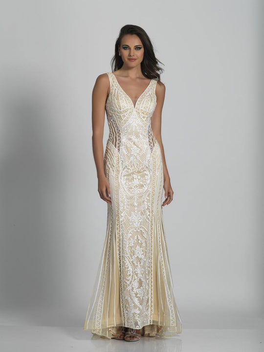 Dave & Johnny - A6364 Plunging V-Neck Embroidered Sheath Gown in White