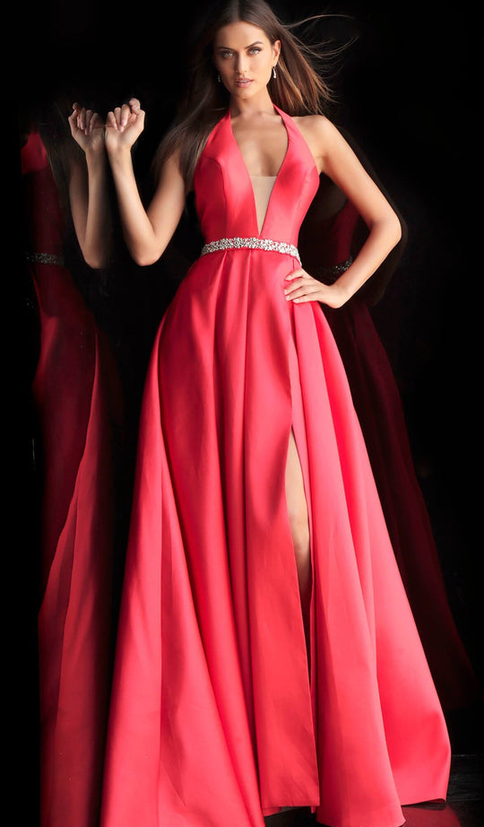 Jovani - 63652 Plunging Illusion Halter A-Line Gown in Red