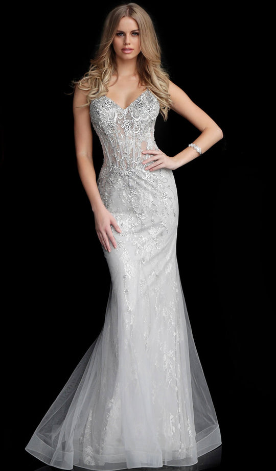 Jovani - 63673 Illusion Corset Lace Mermaid Gown in Silver