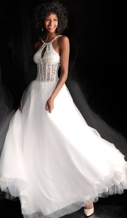 Jovani - 63677 Keyhole Embellished Corset Bodice A-Line Prom Dress In White