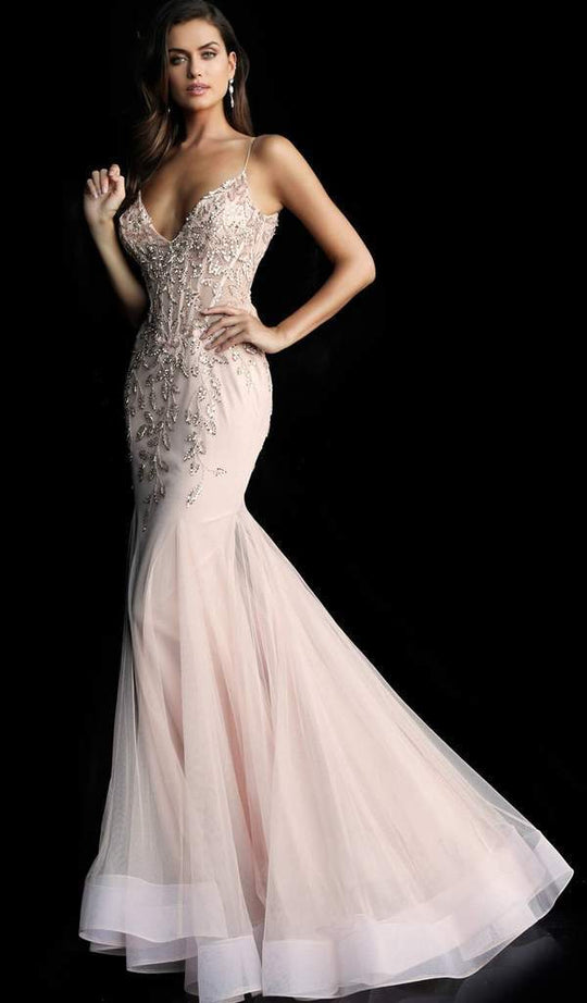 Jovani - Appliqued V Neck Trumpet Evening Gown 63704 In Pink