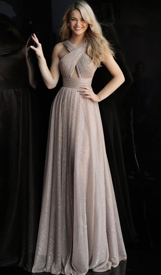 Jovani - 63762 Pleated Cross Halter A-line Dress In Neutral