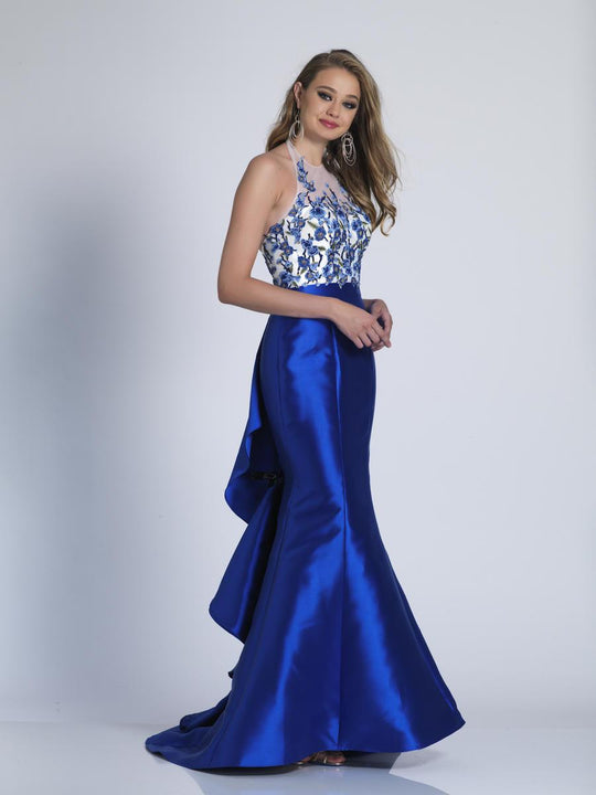 Dave & Johnny - A6385 Halter Neck Embellished Mermaid Gown in Blue