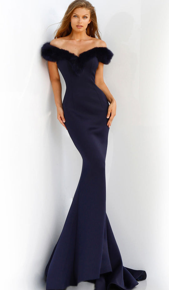 Jovani - 63884 Feathered Off-Shoulder Mermaid Dress With Train in Blue