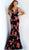 Jovani - 63888 Floral Embellished Deep V-neck Velvet Trumpet Dress In Black and Multi-Color